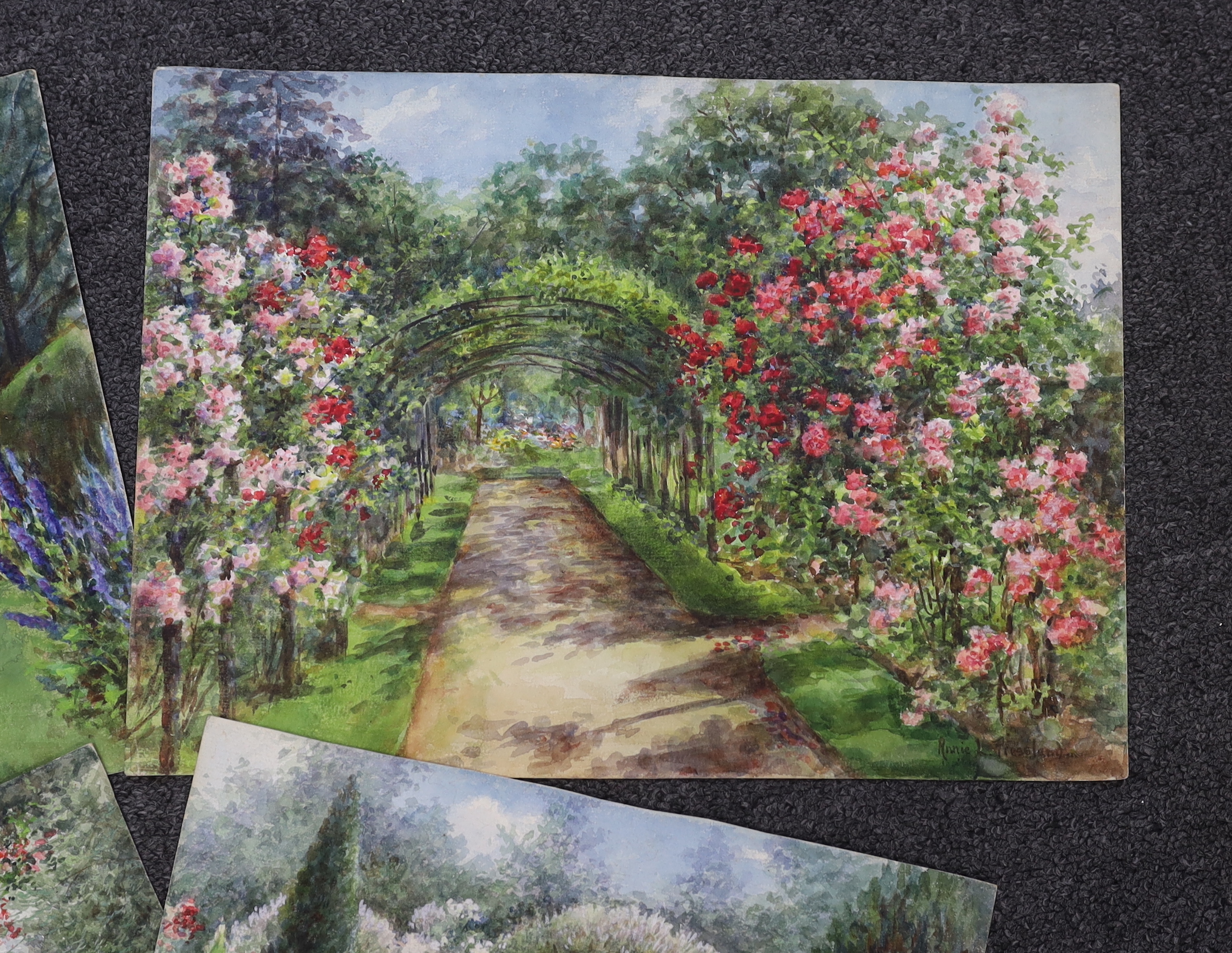 Annie Louise Pressland (1862-1933) four watercolours on card, Country garden landscapes, signed, 35 x 25cm, unframed